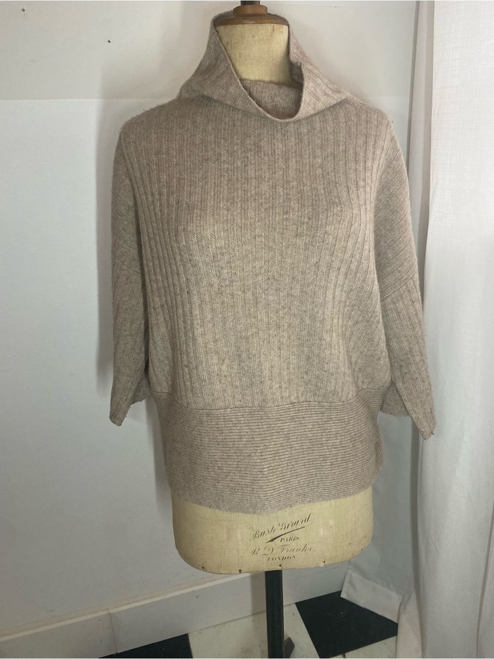 REPEAT Wool Cashmere Ribbed Funnel Neck Sweater Beige XXS 34